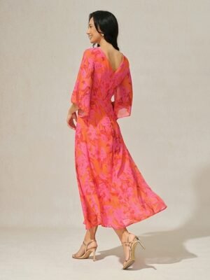 Elegant Twisted Plain V Neck Flared 3/4 Sleeve Summer Maxi Dress - Image 32