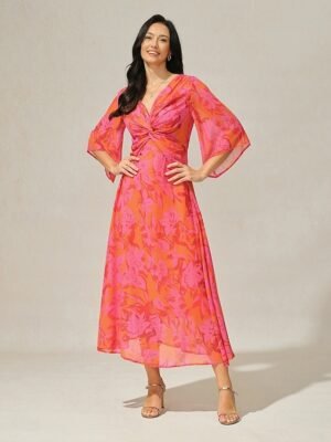 Elegant Twisted Plain V Neck Flared 3/4 Sleeve Summer Maxi Dress - Image 34