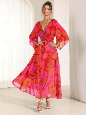 Elegant Twisted Plain V Neck Flared 3/4 Sleeve Summer Maxi Dress - Image 35