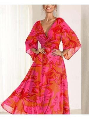 Elegant Twisted Plain V Neck Flared 3/4 Sleeve Summer Maxi Dress - Image 36