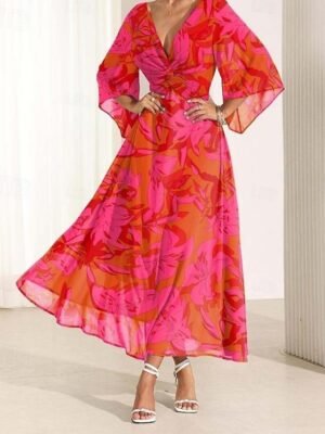 Elegant Twisted Plain V Neck Flared 3/4 Sleeve Summer Maxi Dress - Image 37