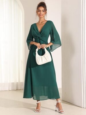 Elegant Twisted Plain V Neck Flared 3/4 Sleeve Summer Maxi Dress - Image 4