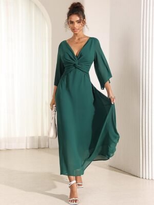 Elegant Twisted Plain V Neck Flared 3/4 Sleeve Summer Maxi Dress - Image 5