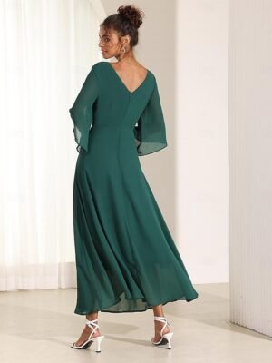 Elegant Twisted Plain V Neck Flared 3/4 Sleeve Summer Maxi Dress - Image 6
