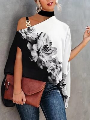Elegant Vintage Floral Cold Shoulder Short Sleeve Regular Turtleneck Blouse - Image 2