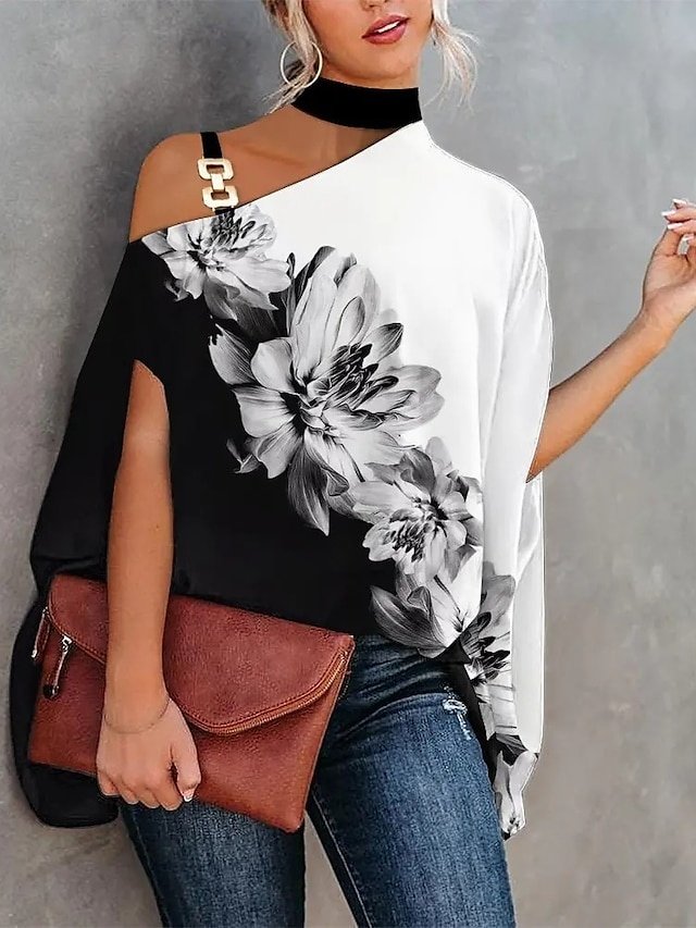 Elegant Vintage Floral Cold Shoulder Short Sleeve Regular Turtleneck Blouse - Image 2