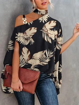 Elegant Vintage Floral Cold Shoulder Short Sleeve Regular Turtleneck Blouse - Image 4