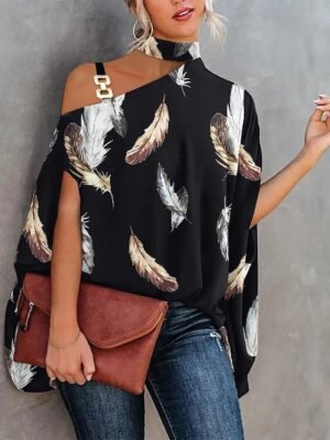 Elegant Vintage Floral Cold Shoulder Short Sleeve Regular Turtleneck Blouse - Image 5