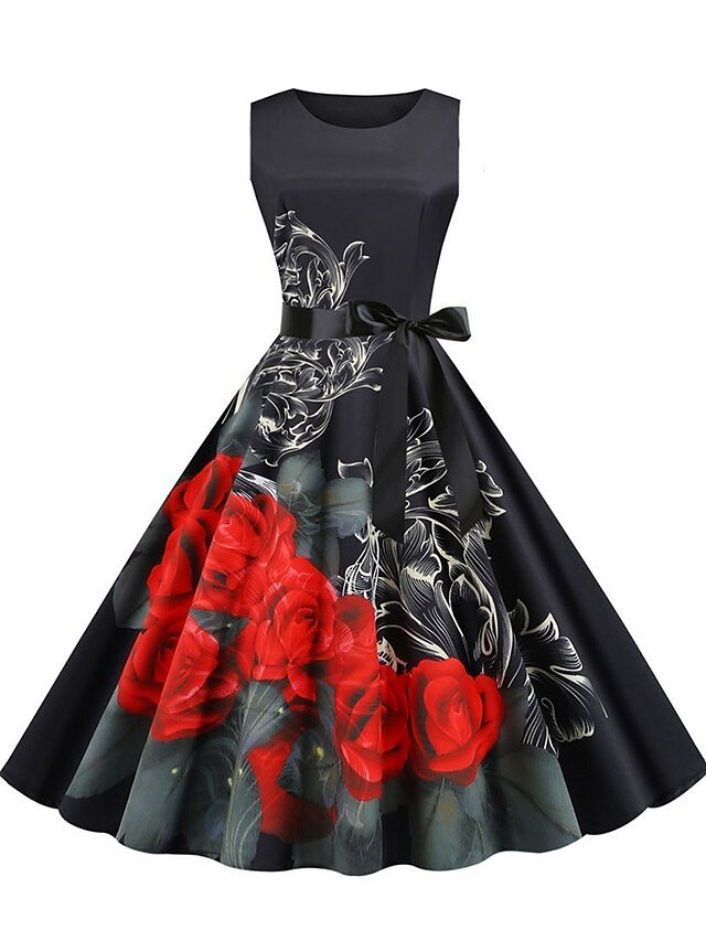 Elegant Vintage Floral Crewneck Sleeveless Midi Dress - Image 2