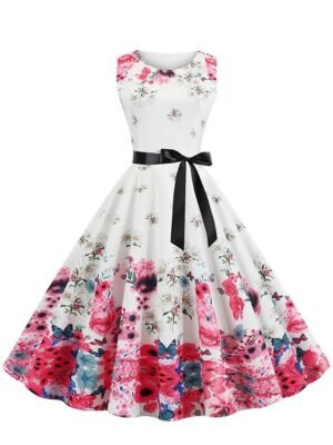 Elegant Vintage Floral Crewneck Sleeveless Midi Dress - Image 3