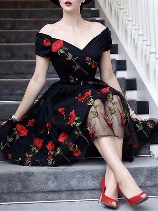 Elegant Vintage Floral Off Shoulder Short Sleeve Midi Dress - Image 1