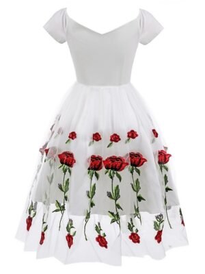 Elegant Vintage Floral Off Shoulder Short Sleeve Midi Dress - Image 10
