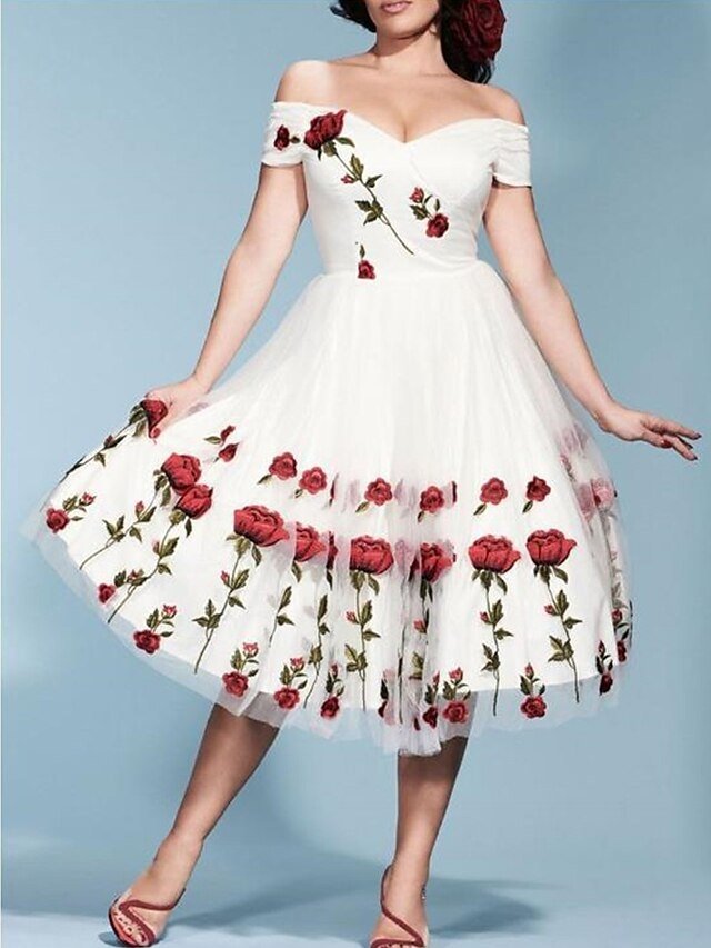 Elegant Vintage Floral Off Shoulder Short Sleeve Midi Dress - Image 2