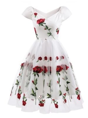 Elegant Vintage Floral Off Shoulder Short Sleeve Midi Dress - Image 8