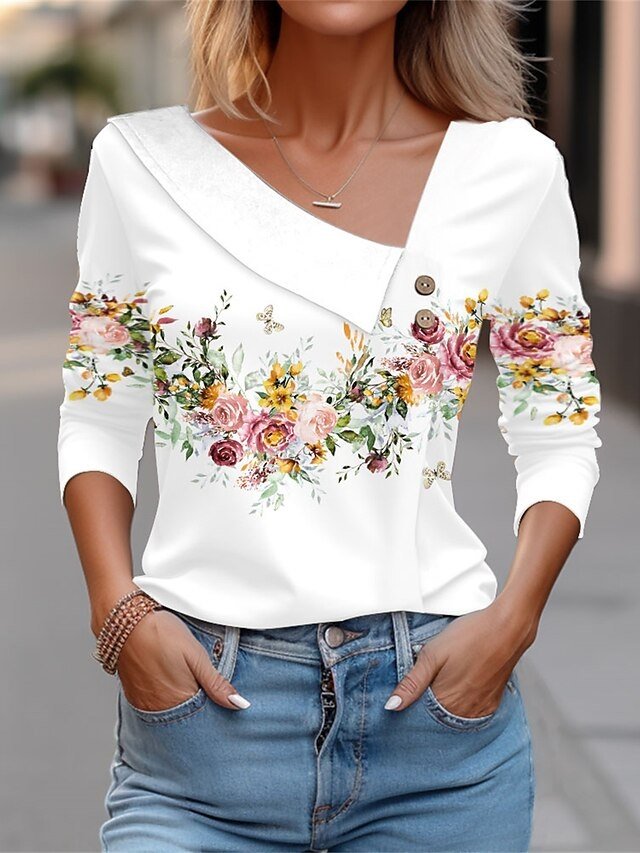 Elegant Vintage Floral V Neck Long Sleeve Regular Blouse - Image 1