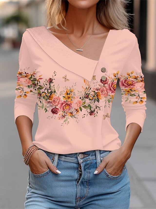 Elegant Vintage Floral V Neck Long Sleeve Regular Blouse - Image 2