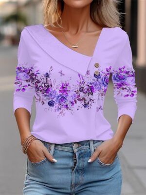 Elegant Vintage Floral V Neck Long Sleeve Regular Blouse - Image 5