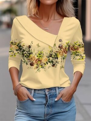 Elegant Vintage Floral V Neck Long Sleeve Regular Blouse - Image 6