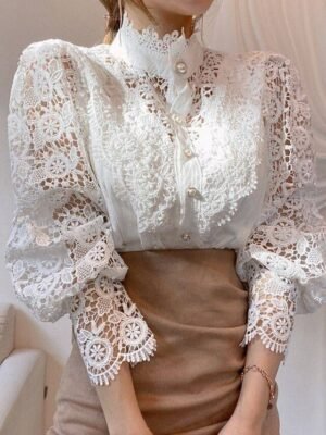 Elegant Vintage Lace-up Long Sleeve Regular Blouse - Image 3