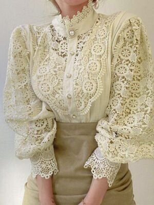 Elegant Vintage Lace-up Long Sleeve Regular Blouse - Image 4