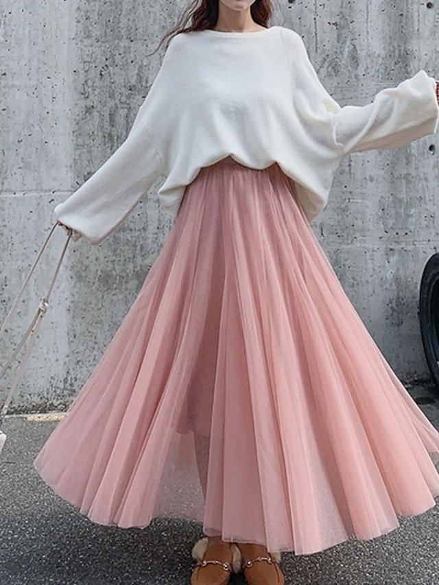 Elegant Vintage Pleated Layered Long Tulle Maxi Skirt - Image 1