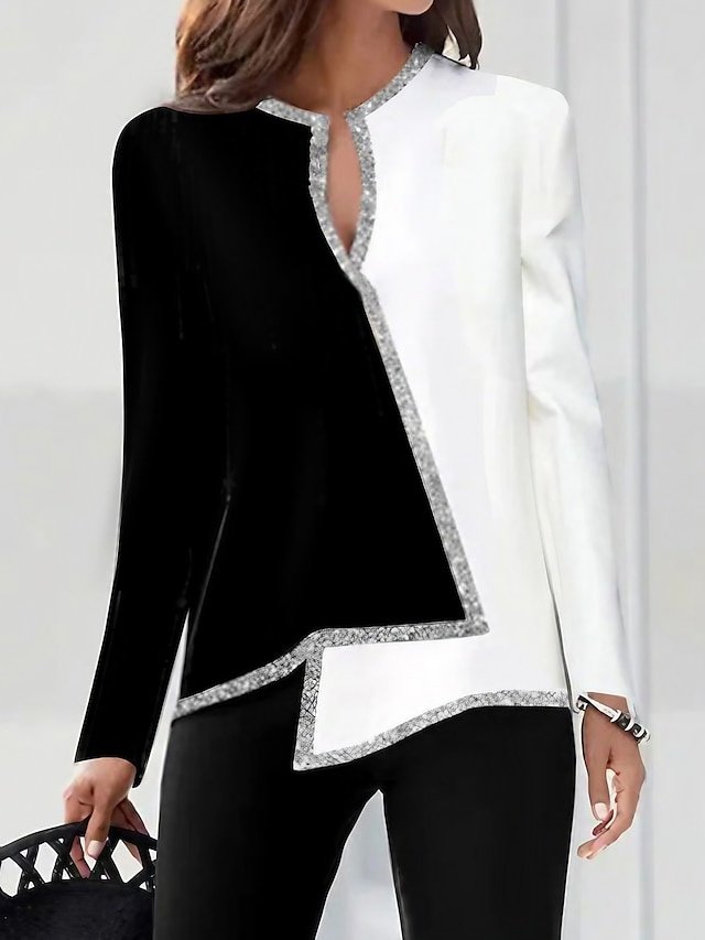 Elegant Vintage Regular Fit Colour Block V Neck Long Sleeve Asymmetrical Hem Blouse - Image 1