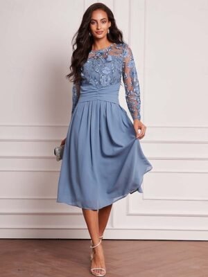 Elegant Vintage Ruched Mesh Crew Neck Long Sleeve Midi Dress - Image 1