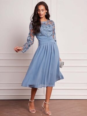 Elegant Vintage Ruched Mesh Crew Neck Long Sleeve Midi Dress - Image 3