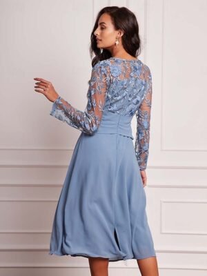 Elegant Vintage Ruched Mesh Crew Neck Long Sleeve Midi Dress - Image 6