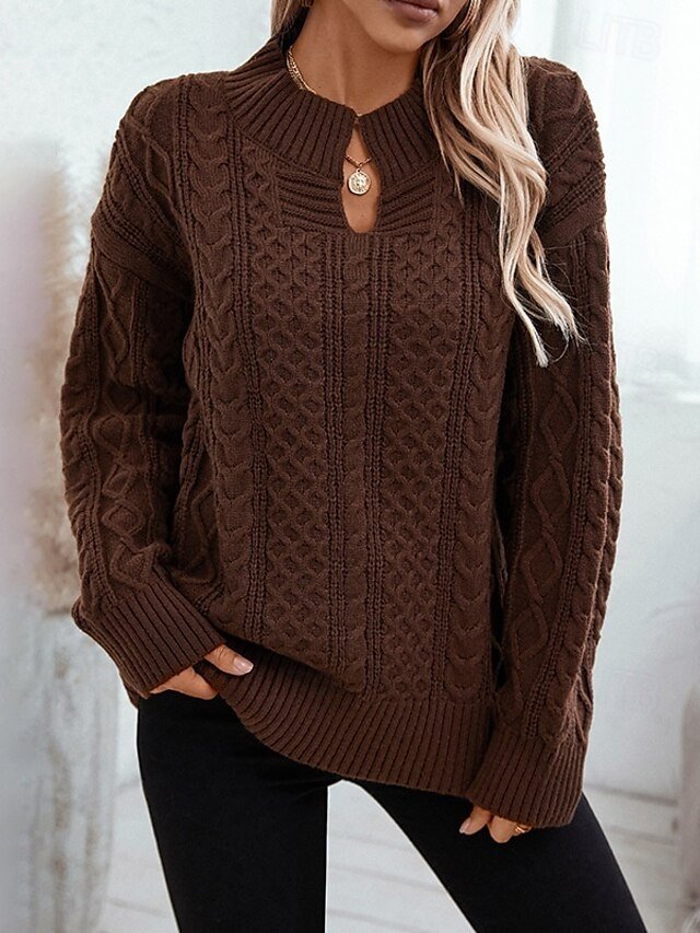 Elegant Vintage Solid Cable Crew Neck Long Sleeve Knit Top - Image 1
