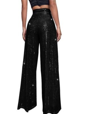 Elegant Wide Leg Plain High Waist Full Length Sparkly Trousers - Image 2