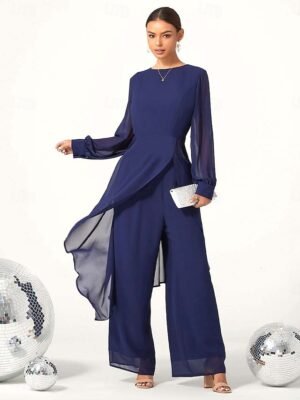 Elegant Wide Leg Sheer Sleeve Round Neck Long Jumpsuit - Image 1