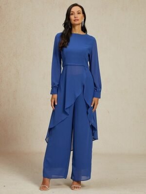Elegant Wide Leg Sheer Sleeve Round Neck Long Jumpsuit - Image 10