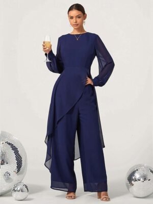 Elegant Wide Leg Sheer Sleeve Round Neck Long Jumpsuit - Image 3