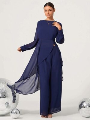 Elegant Wide Leg Sheer Sleeve Round Neck Long Jumpsuit - Image 4