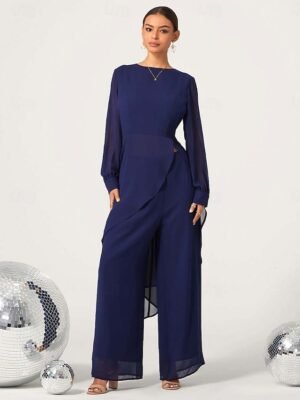 Elegant Wide Leg Sheer Sleeve Round Neck Long Jumpsuit - Image 5