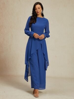 Elegant Wide Leg Sheer Sleeve Round Neck Long Jumpsuit - Image 7