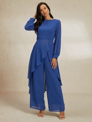 Elegant Wide Leg Sheer Sleeve Round Neck Long Jumpsuit - Image 9