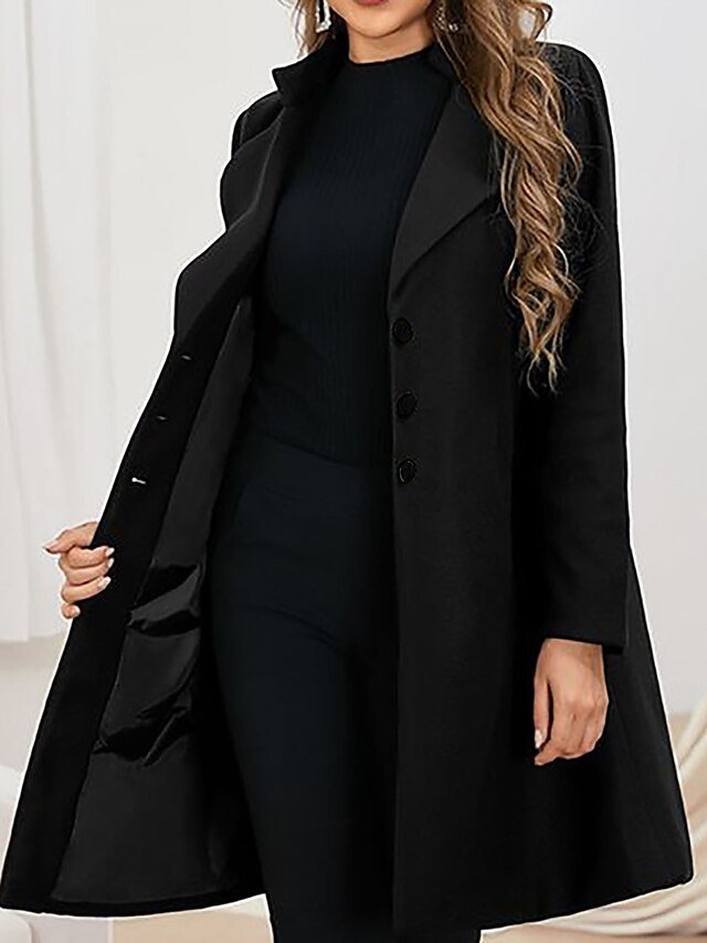 Elegant Wool Blend Lapel Long Sleeve Winter Pea Coat - Image 2