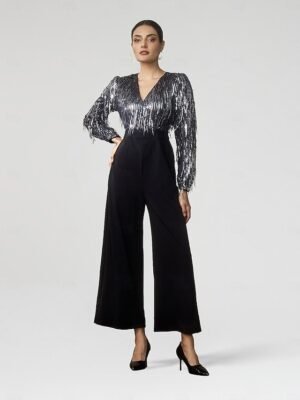 Elite Wide Leg Sequin Fringe V Neck Jumpsuit - Image 1