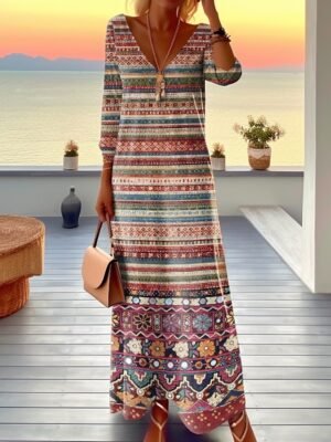 Ethnic Loose Geometric Stripe V Neck Long Sleeve Maxi Dress - Image 2