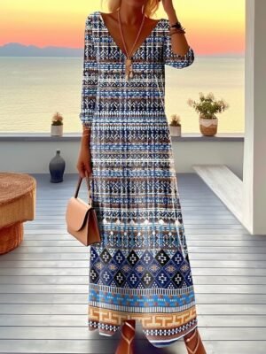 Ethnic Loose Geometric Stripe V Neck Long Sleeve Maxi Dress - Image 3
