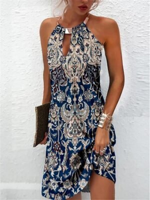 Ethnic Regular Fit Floral Halter Neck Sleeveless Mini Dress - Image 1