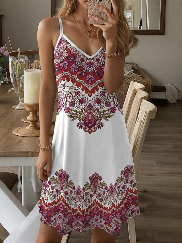 Ethnic Regular Fit Floral V Neck Sleeveless Mini Dress - Image 1
