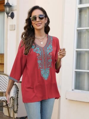 Ethnic Relaxed Embroidered Notched 3/4 Sleeve Tunic Top - Image 1