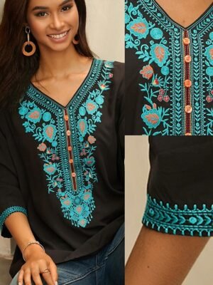 Ethnic Relaxed Embroidered Notched 3/4 Sleeve Tunic Top - Image 2