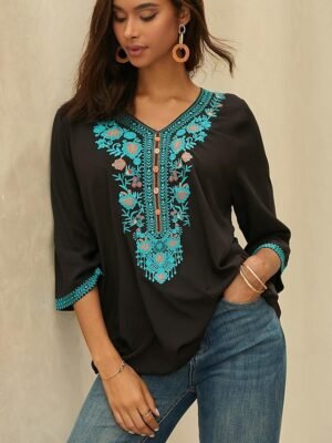 Ethnic Relaxed Embroidered Notched 3/4 Sleeve Tunic Top - Image 3