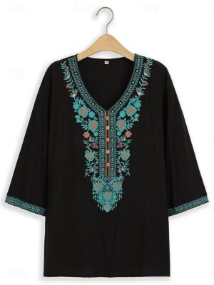 Ethnic Relaxed Embroidered Notched 3/4 Sleeve Tunic Top - Image 5