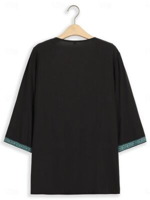 Ethnic Relaxed Embroidered Notched 3/4 Sleeve Tunic Top - Image 6