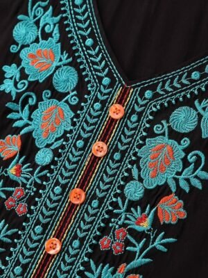 Ethnic Relaxed Embroidered Notched 3/4 Sleeve Tunic Top - Image 7